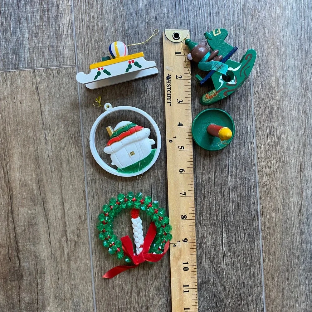 Vintage Christmas Ornament Lot 7pc Needlepoint Santa Beaded Wreath Wooden Sled
